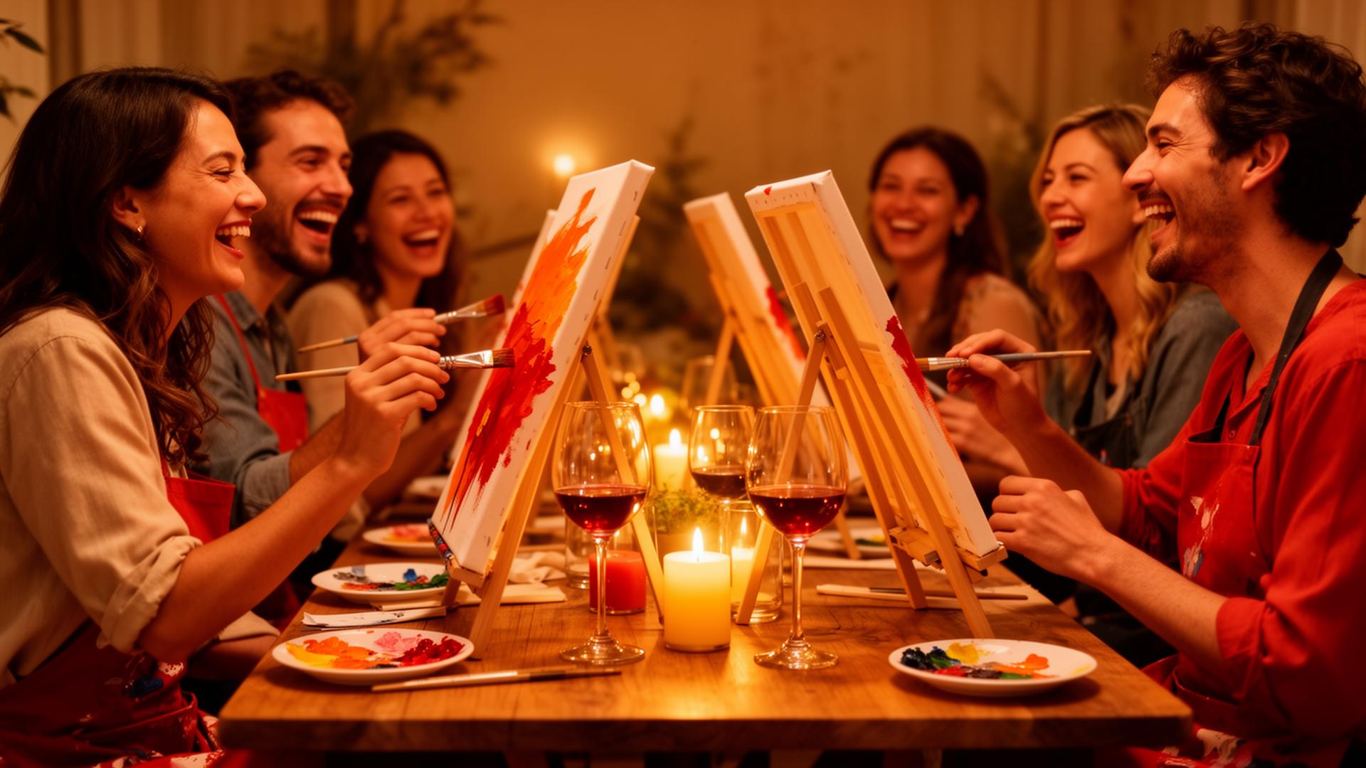 Friends laughing while painting at a candlelit paint and sip night